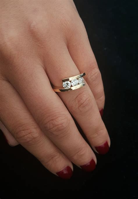 A 3 Diamond Yellow Gold Tension Set Trilogy Engagement Ring Unique