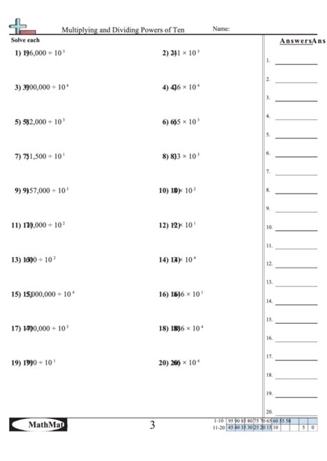Multiplying And Dividing Powers Of Ten Math Worksheet With Answer Key