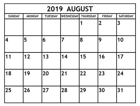 Blank August 2019 Calendar Printable Template Editable Wallpaper