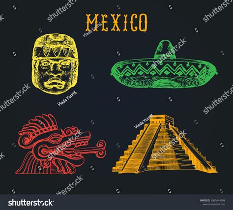 Drawn Set Wellknown Mexican Attractions Vector Stock Vector Royalty