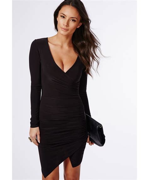 Missguided Ruched Slinky Wrap Dress Black In Black Lyst