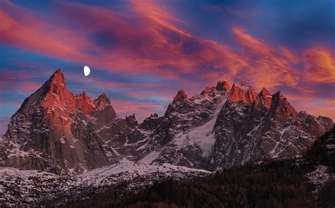 Sunset In French Alps With The Moon Stock Photo Download Image Now