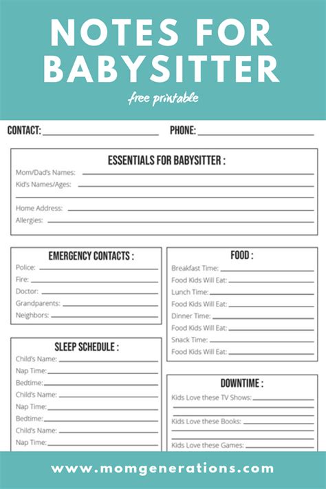 Free Printable Babysitter Information Babysitter Info Sheet Printable