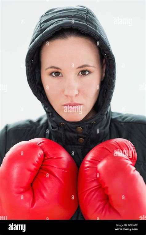 Beautiful Woman In Hood And Red Boxing Gloves Stock Photo Alamy