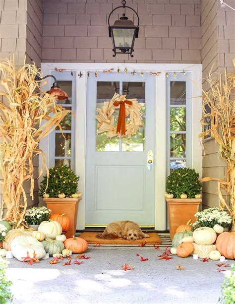 Neutral Fall Porch Decor With Pumpkins And Cornstalks Modern Glam