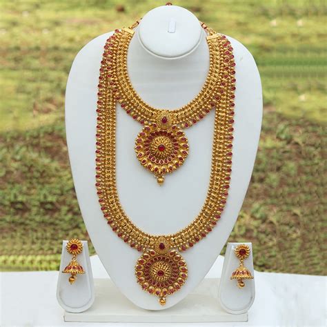 South Indian Bridal Jewellery Set In Copper With Red Stones