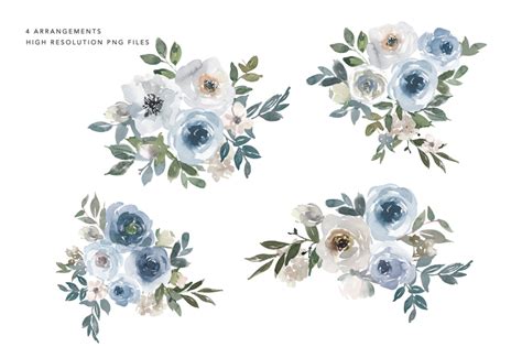 Dusty Blue Watercolor Floral Clipart Set By Patishop Art Thehungryjpeg