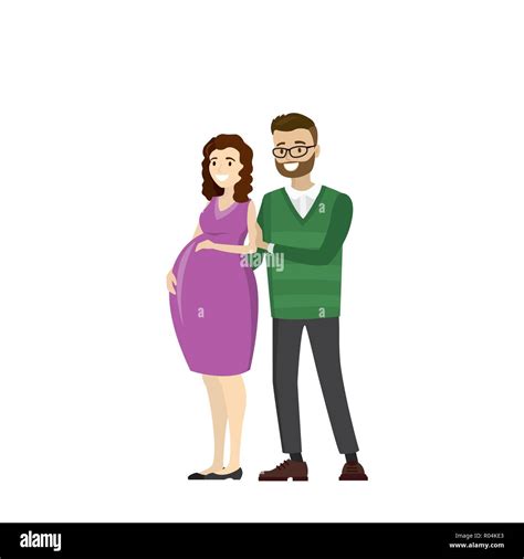 Happy Pregnant Love Couple Pregnant Wife And Husband Isolated On White Background Cartoon