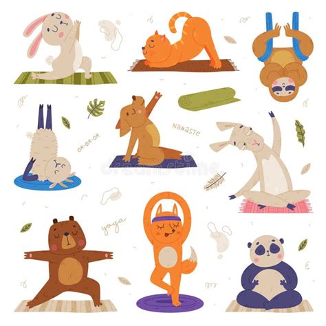 Funny Animals On Yoga Mat Practicing Asana And Stretching Vector Set