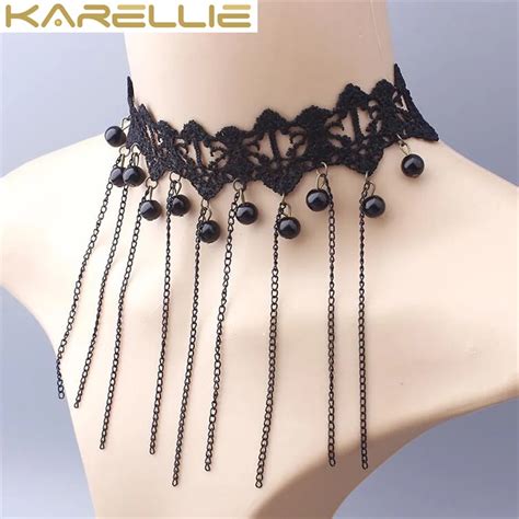 KARELLIE Black Lace Choker Necklaces Bead Gothic Retro Choker Necklace