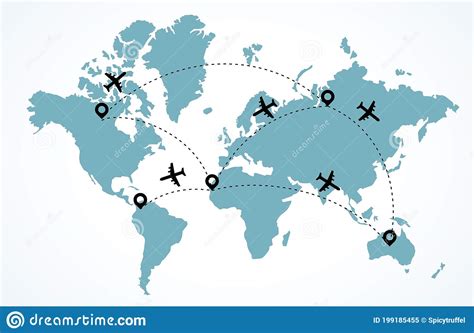 World Map With Flying Airplanes Travel Concept Location Marks In