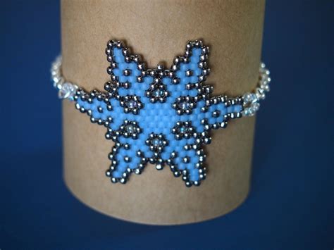 Silver And Glacier Blue Seed Bead Snowflake Bracelet Beaded Beaded