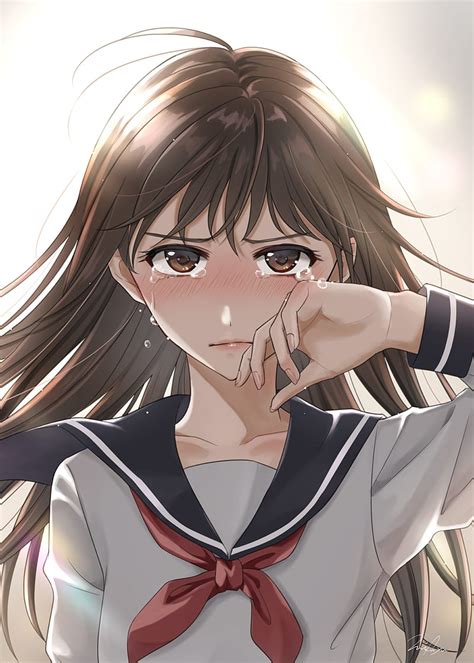 Anime Girl With Brown Hair And Brown Eyes Crying