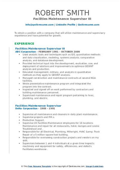Supervisors have to lead from behind by recruiting, training, scheduling, and coaching. Facilities Maintenance Supervisor Resume Samples | QwikResume
