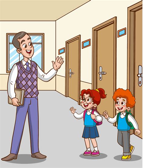 Teacher And Students Greet At School Cartoon Vector 19015926 Vector Art