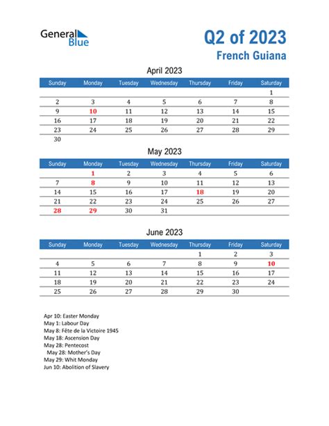 Q2 2023 Quarterly Calendar With French Guiana Holidays