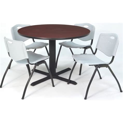 Regency Round Lunchroom Table And 4 Grey M Stack Chairs In Mahogany