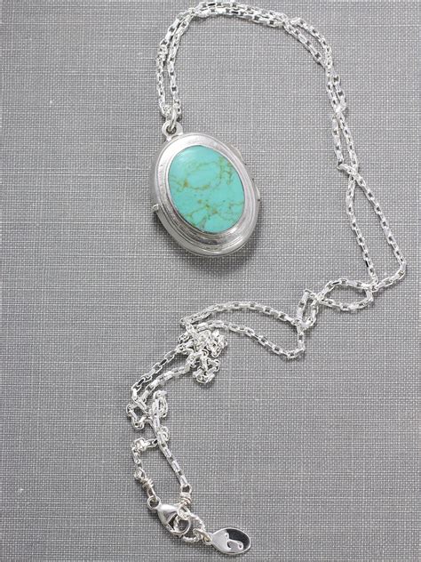 Turquoise Sterling Silver Locket Necklace Stone Cabochon Vintage Photo