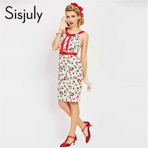 Sisjuly Summer Women Bodycon Vintage Dress Sexy Spaghetti Strap White Floral Print Retro Dress