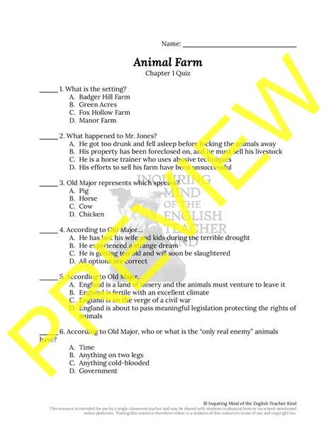 Animal Farm Chapter 1 Quiz And Answer Key Teaching Resources