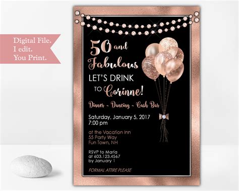 50th birthday party invitation for the woman who is fifty and fabulous elegant printable digital