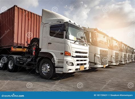 Trucks Parked Lined Up Road Freight Industry Transport Stock Image