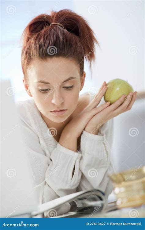 Girl With The Apple Stock Image Image Of Happiness 27613427
