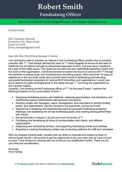 Fundraising Officer Cover Letter Examples Qwikresume