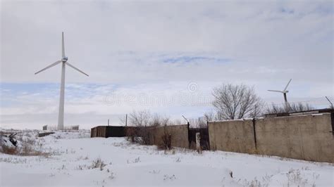 Wind Turbines Farm Aerogenerator Windmill In Sunny Blue Sky Day Wind