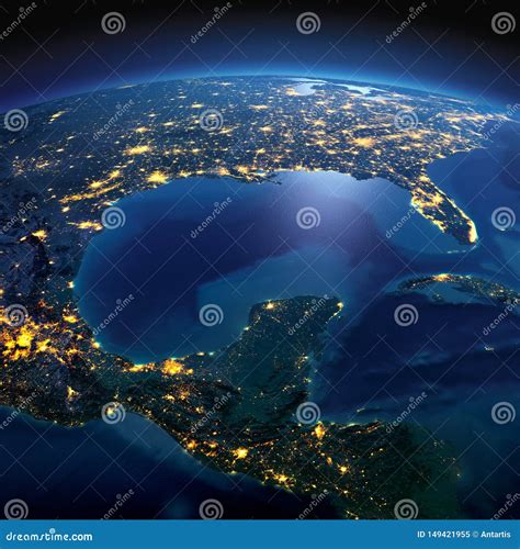 Detailed Earth North America Gulf Of Mexico On A Moonlit Night Stock
