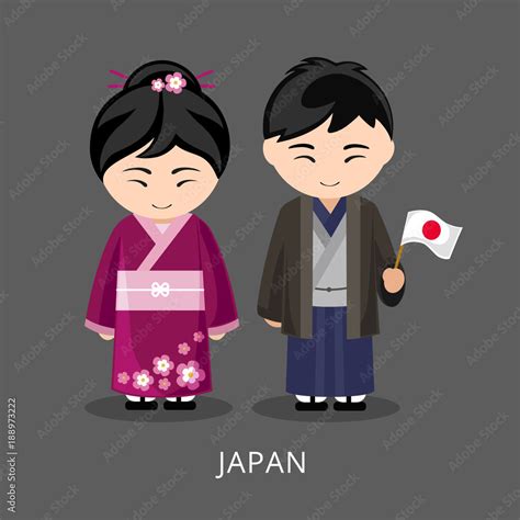 Japanese In National Dress With A Flag Man And Woman In Traditional