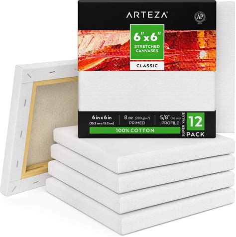 Arteza 6x6 Stretched White Blank Canvas Bulk Pack Of 12 Primed