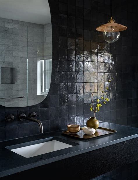 Black Bathroom With Black Glazed Grid Tiles Modern Bathroom