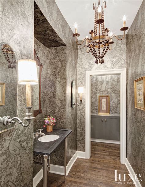 Eclectic Gray Powder Room With Vanity Luxe Interiors Design