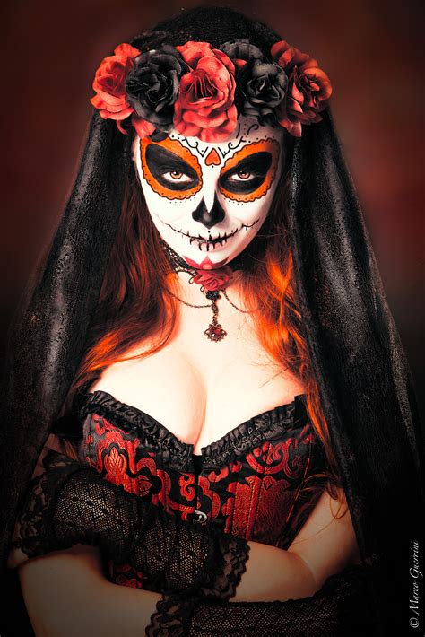 Cleavage Women Redhead Face 500px Makeup Skull Dia De Los Muertos Sugar Skull Face