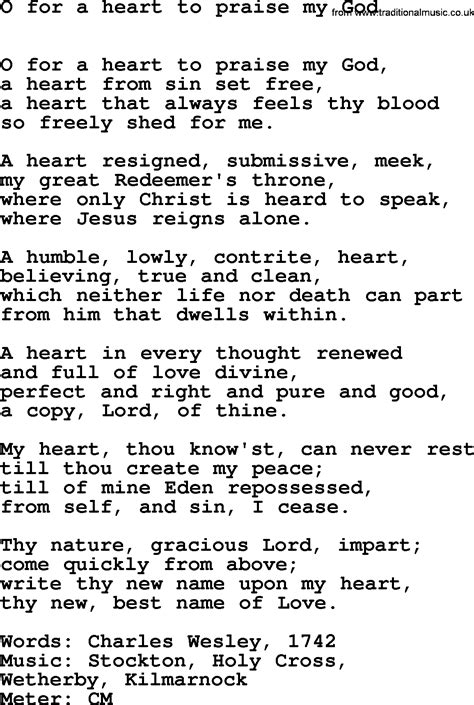 Lent Hymns Song O For A Heart To Praise My God Lyrics Midi Music And PDF