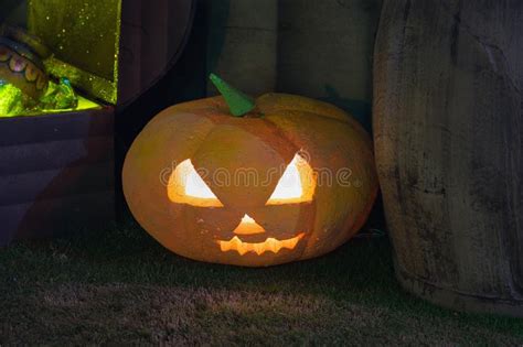 Halloween Pumpkin Decoration At Night Illuminated Pumpkins Stock Image