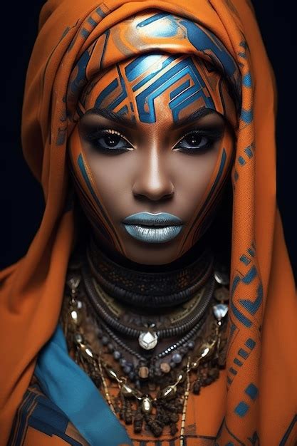 Premium Ai Image A Woman With A Blue And Orange Headdress And A