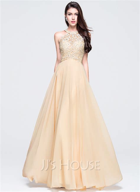 A Lineprincess Scoop Neck Floor Length Chiffon Prom Dresses With Beading 018070353 Prom
