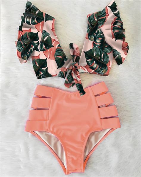 High Waist Bikini Ruffle Swimwear Women Print Sexy Swimsuit Push