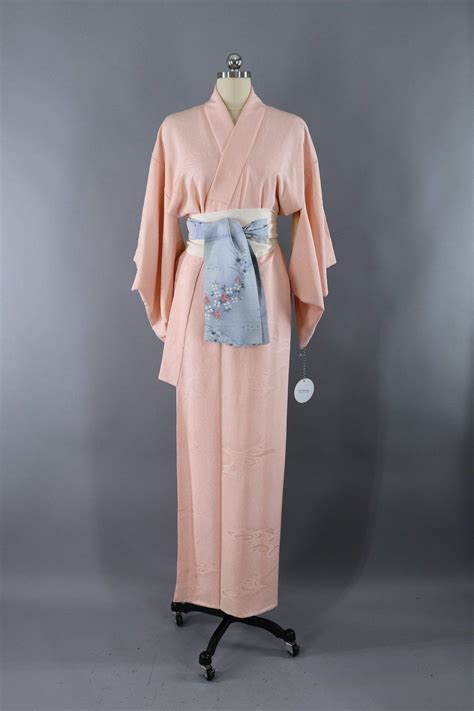 Vintage Silk Kimono Robe Blush Pink Waves Kimono Robe Fashion Silk