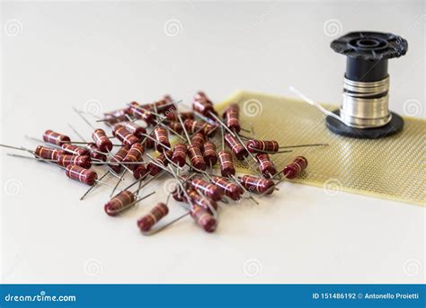 Components Of An Electronic Circuit On White Table Stock Photo Image