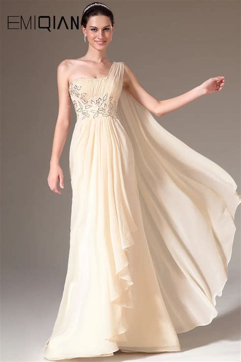 New Beige One Shoulder Embroidered A Line Prom Dresses In Prom Dresses