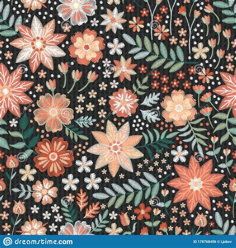 Beautiful Seamless Pattern With Embroidered Flowers And Leaves Print