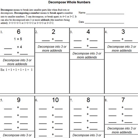 Decomposing Mixed Numbers Worksheet