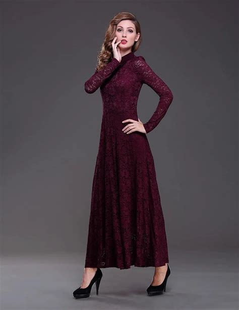 Wine Red Vintage Ankle Length Modest Lace Bridesmaid Dresses With Long Sleeves High Neck Wedding