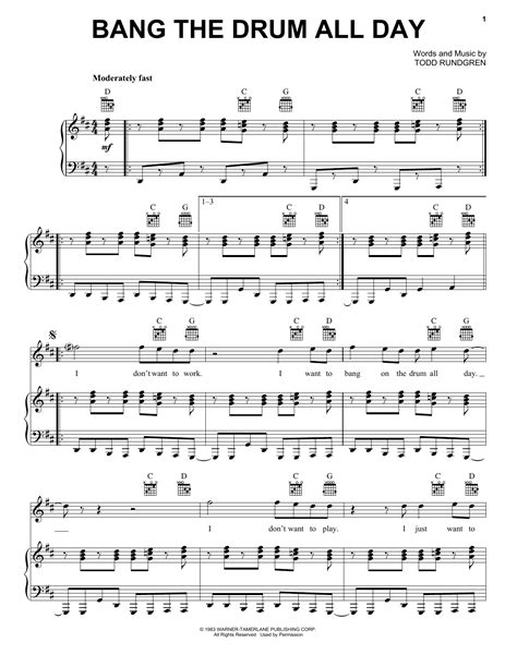 Bang The Drum All Day Sheet Music Todd Rundgren Piano Vocal And Guitar Chords Right Hand Melody