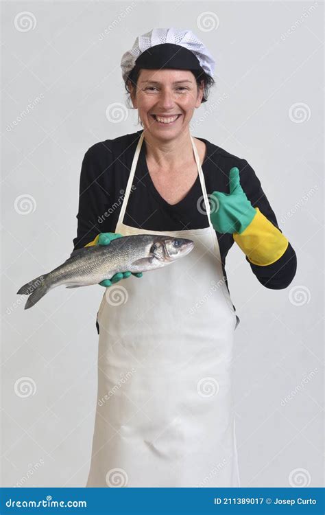 Portrait Of A Fishmonger Holding And Thumbs Up Stock Image Image Of