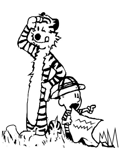 Calvin Teasing Hobbes With Empty Cans Coloring Page Free Printable