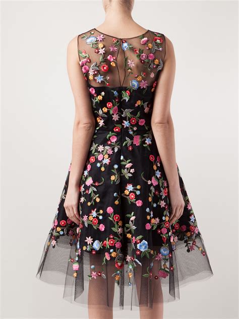 Oscar De La Renta Floral Embroidered Tulle Dress In Black Lyst